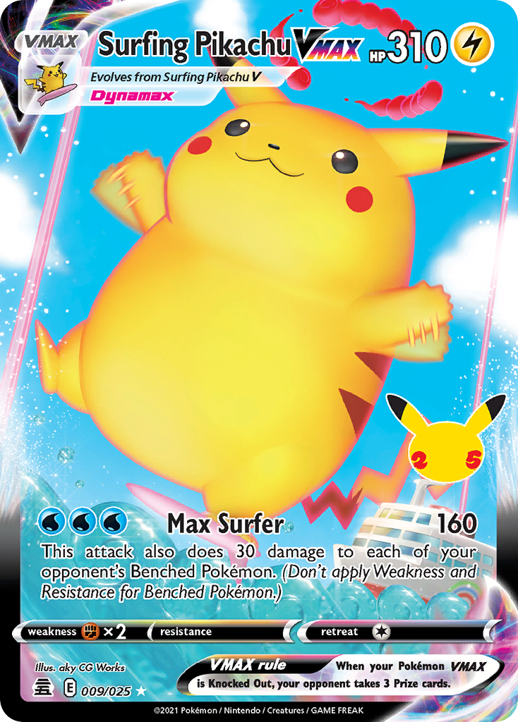 Surfing Pikachu VMAX 9 Rare Holo VMAX card from Celebrations