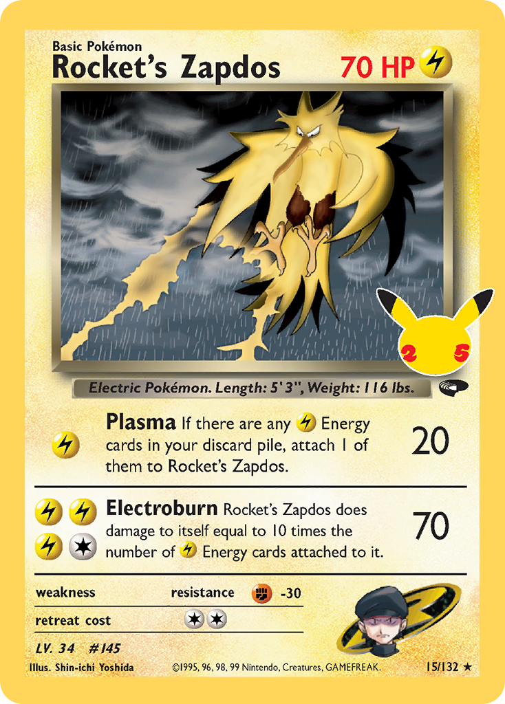 Rocket's Zapdos 15 Classic Collection card from Celebrations: Classic Collection