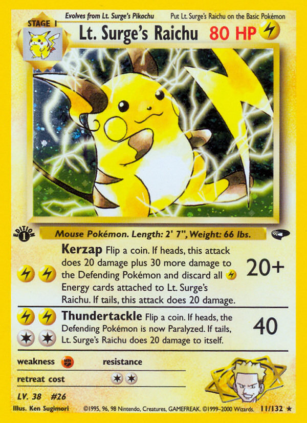 Lt. Surge's Raichu 11/132 Rare Holo card from Gym Challenge