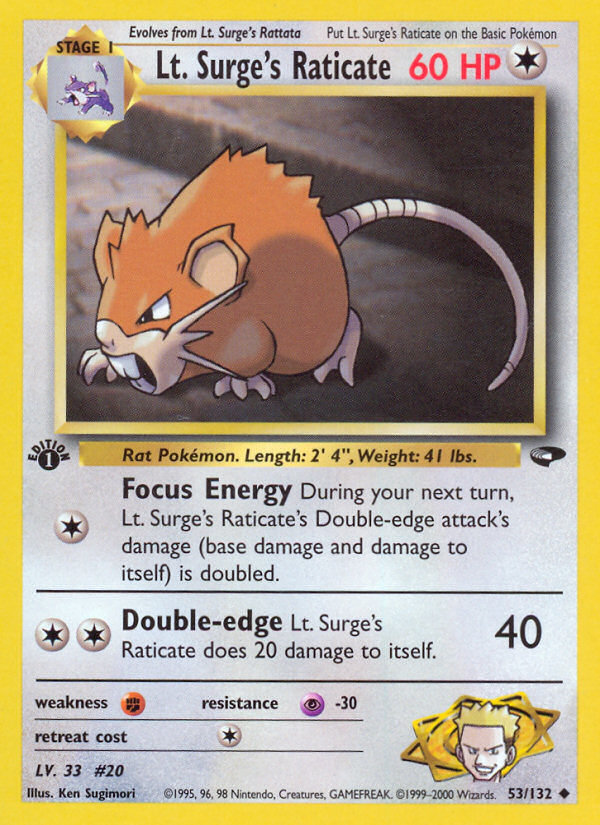 Lt. Surge's Raticate 53 Uncommon card from Gym Challenge