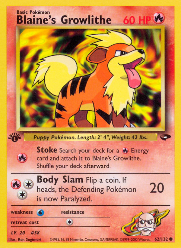 Blaine's Growlithe 62 Common card from Gym Challenge