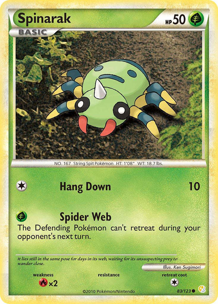 Spinarak 83 Common card from HeartGold & SoulSilver