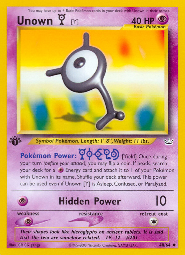 Unown [Y] 40 Uncommon card from Neo Revelation