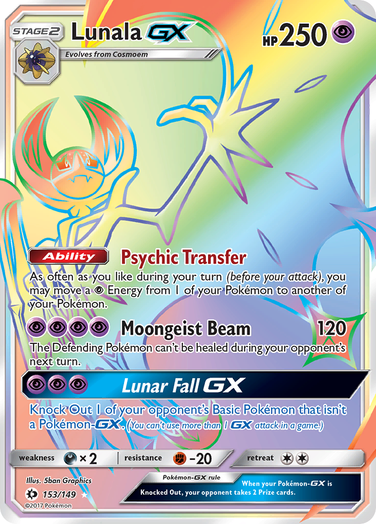 Lunala-GX 153 Rare Rainbow card from Sun & Moon
