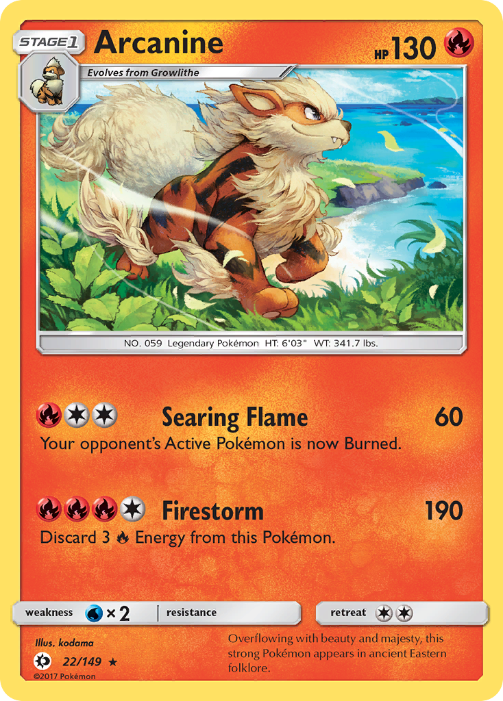 Arcanine 22 Rare Holo card from Sun & Moon