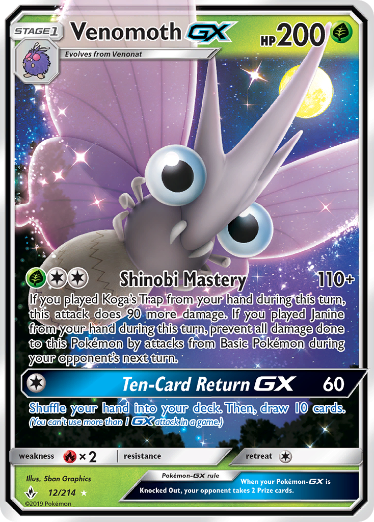 Venomoth-GX 12 Rare Holo GX card from Unbroken Bonds
