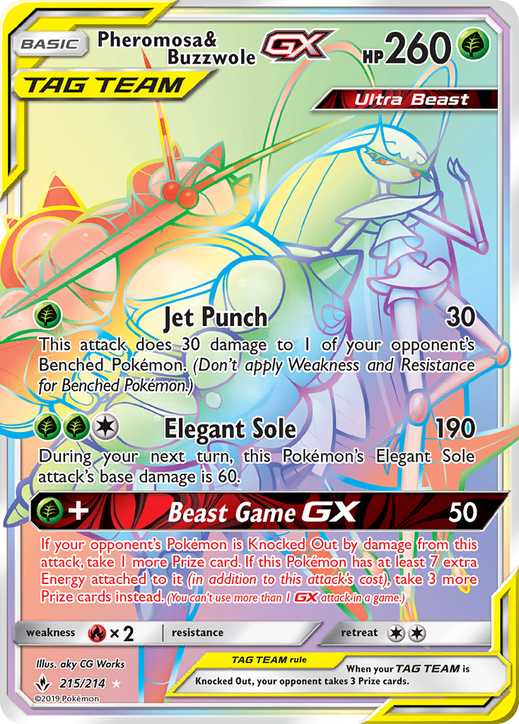Pheromosa & Buzzwole-GX 215 Rare Rainbow card from Unbroken Bonds