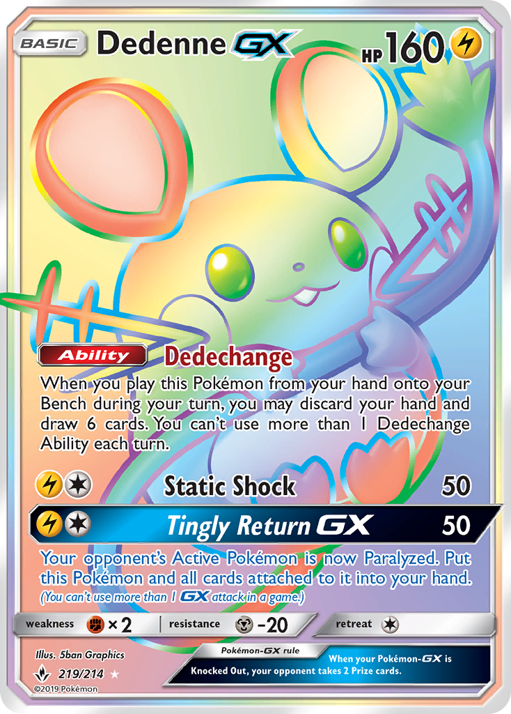 Dedenne-GX 219 Rare Rainbow card from Unbroken Bonds