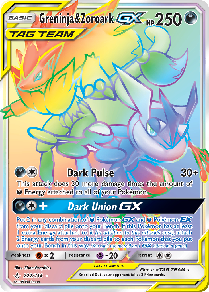 Greninja & Zoroark-GX 222 Rare Rainbow card from Unbroken Bonds