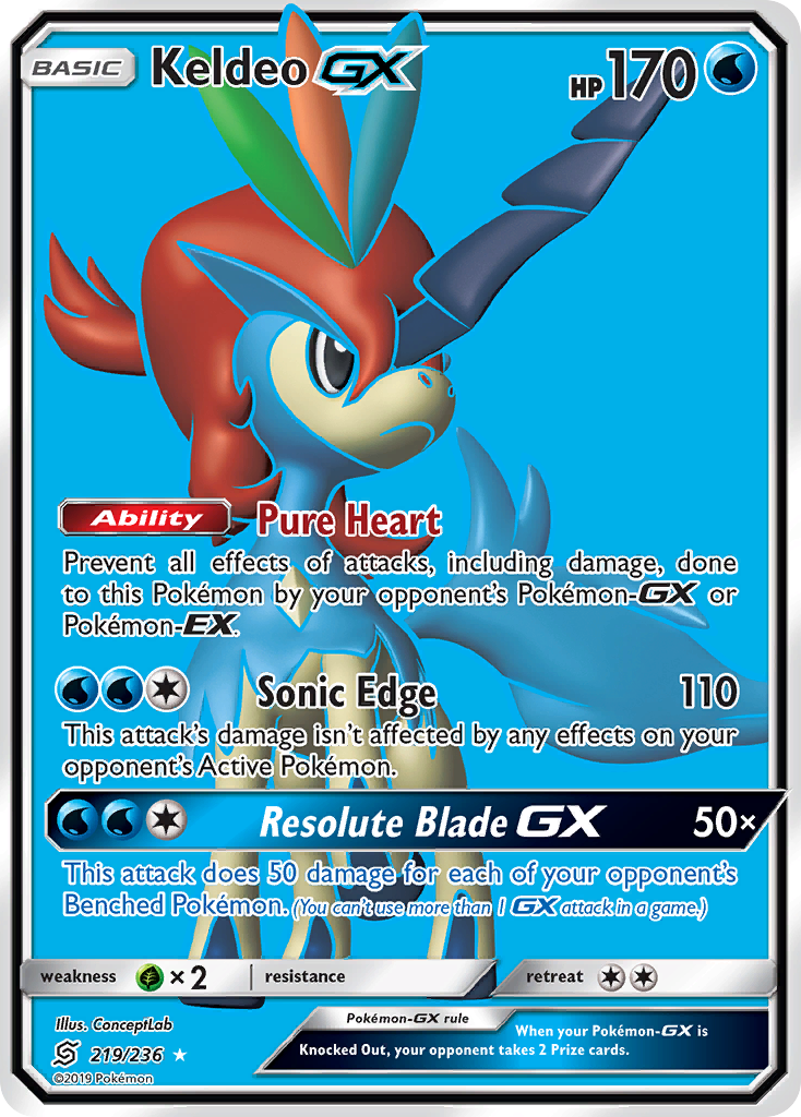 Keldeo-GX 219 Rare Ultra card from Unified Minds