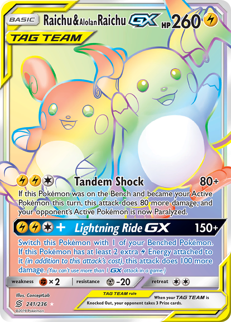 Raichu & Alolan Raichu-GX 241 Rare Rainbow card from Unified Minds