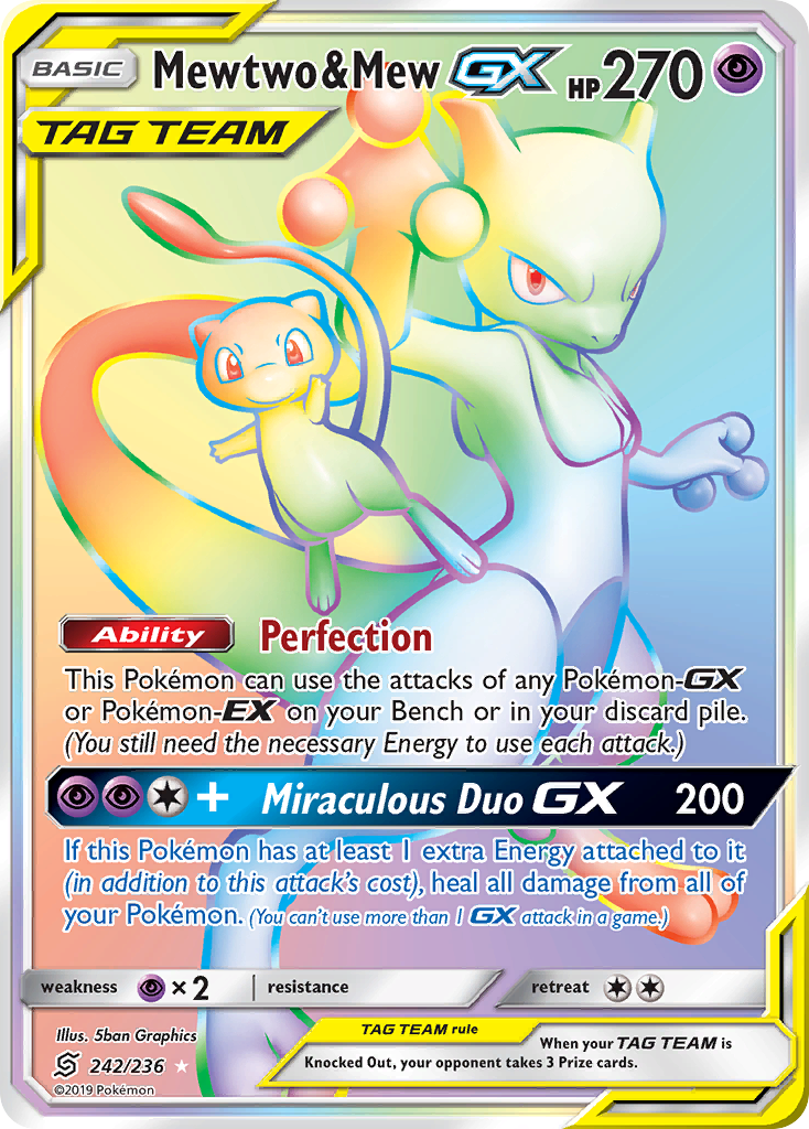 Mewtwo & Mew-GX 242 Rare Rainbow card from Unified Minds