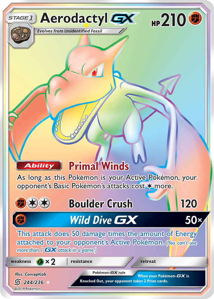Aerodactyl-GX 244 Rare Rainbow card from Unified Minds