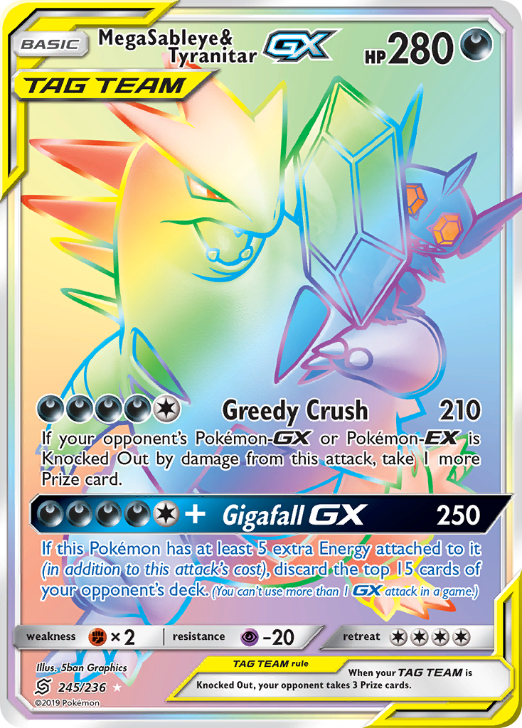 Mega Sableye & Tyranitar-GX 245 Rare Rainbow card from Unified Minds