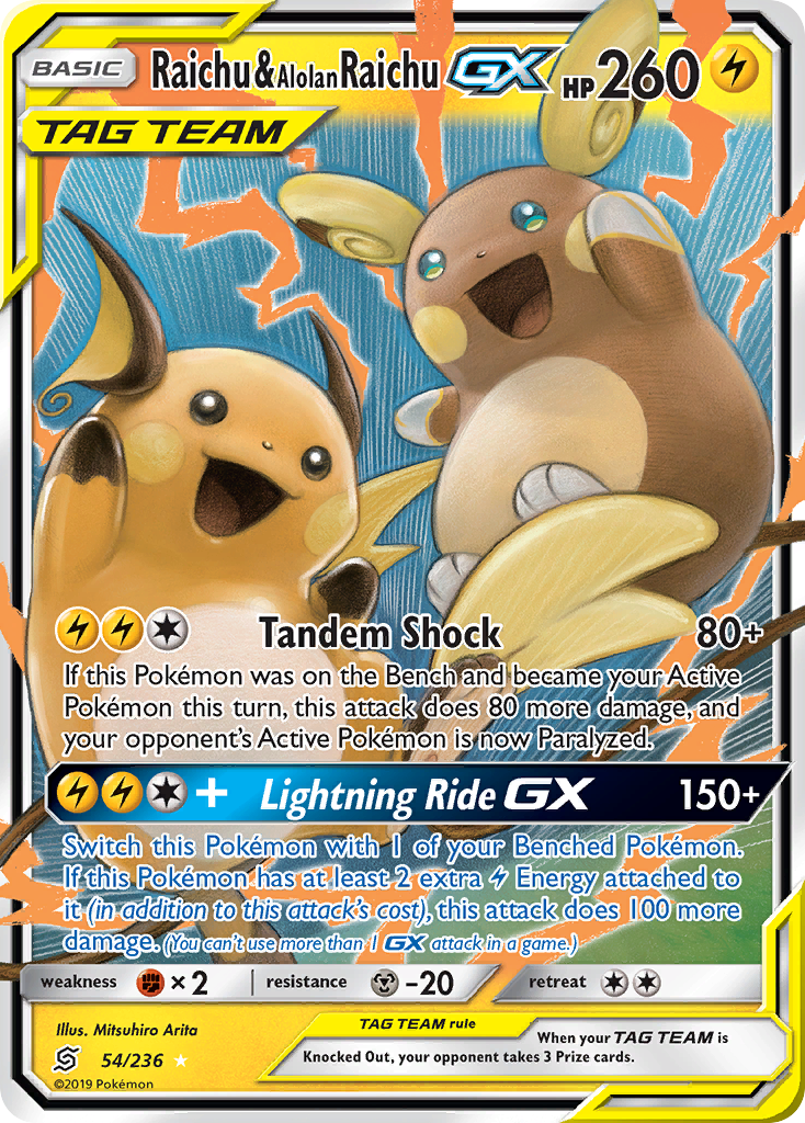 Raichu & Alolan Raichu-GX 54 Rare Holo GX card from Unified Minds