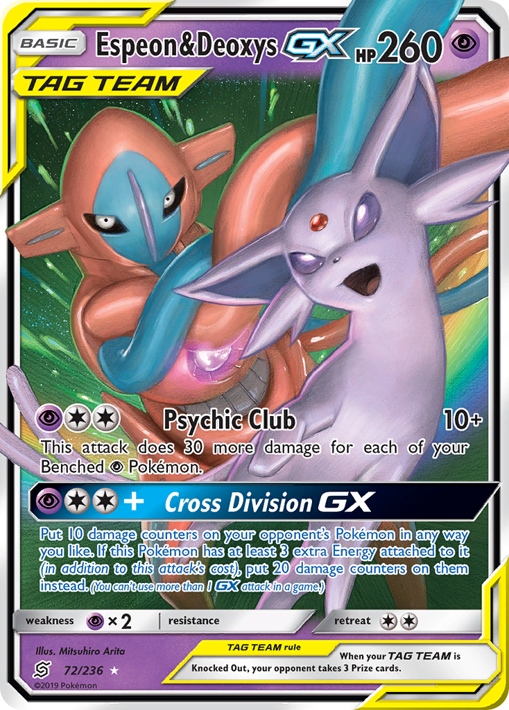 Espeon & Deoxys-GX 72/236 Rare Holo GX card from Unified Minds