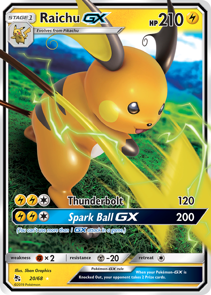 Raichu-GX 20 Rare Holo GX card from Hidden Fates