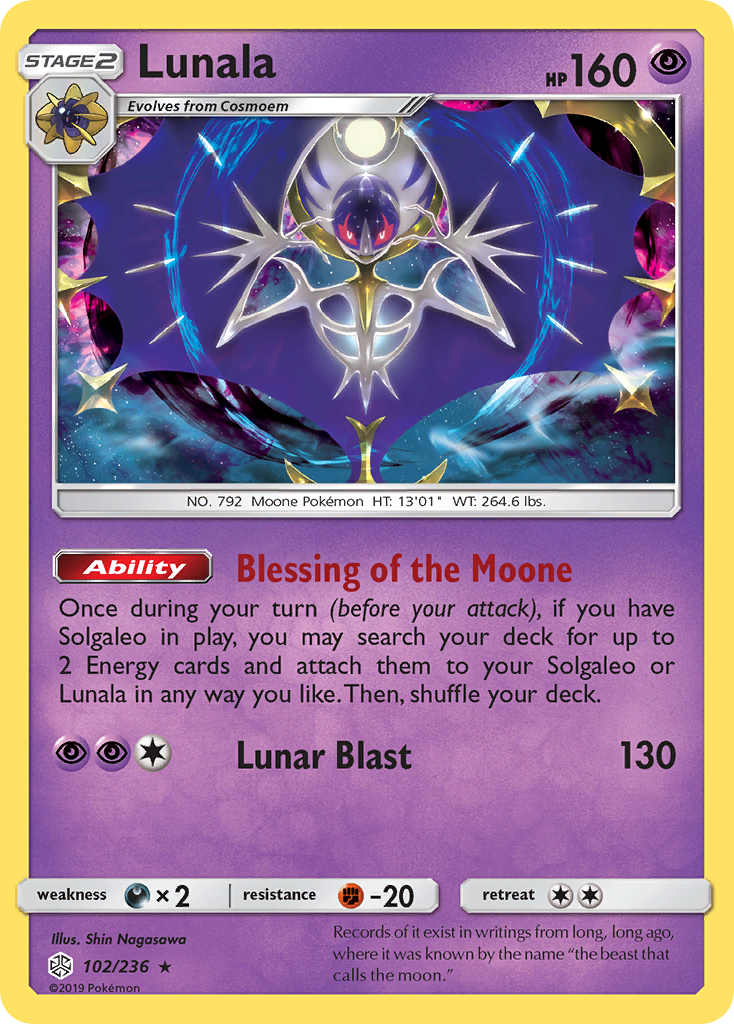 Lunala 102/236 Rare Holo card from Cosmic Eclipse