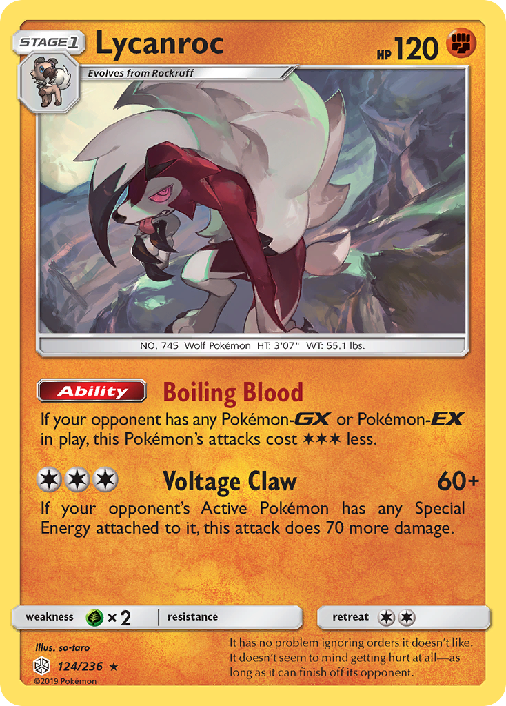 Lycanroc 124 Rare Holo card from Cosmic Eclipse