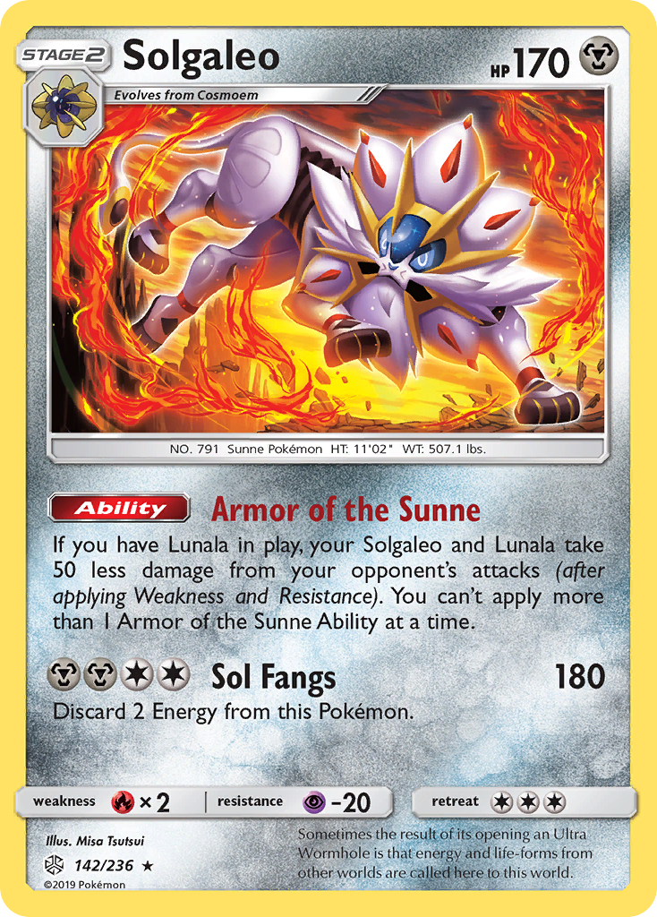 Solgaleo 142 Rare Holo card from Cosmic Eclipse