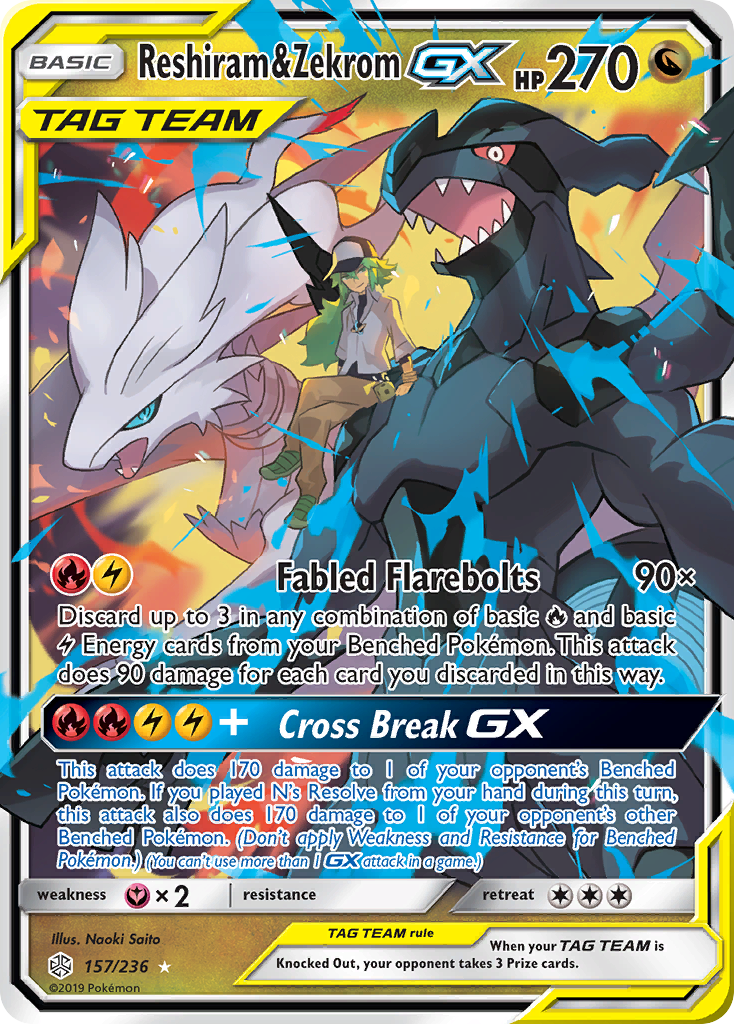Reshiram & Zekrom-GX 157 Rare Holo GX card from Cosmic Eclipse
