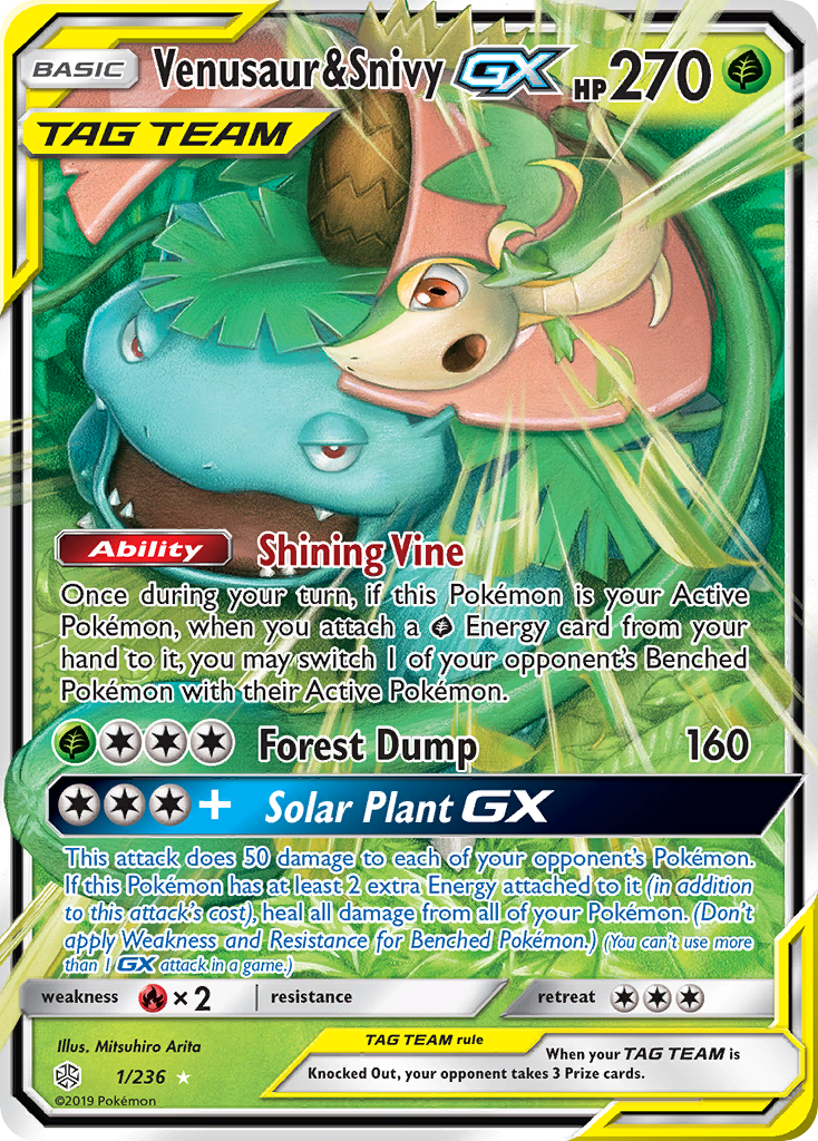 Venusaur & Snivy-GX 1 Rare Holo GX card from Cosmic Eclipse