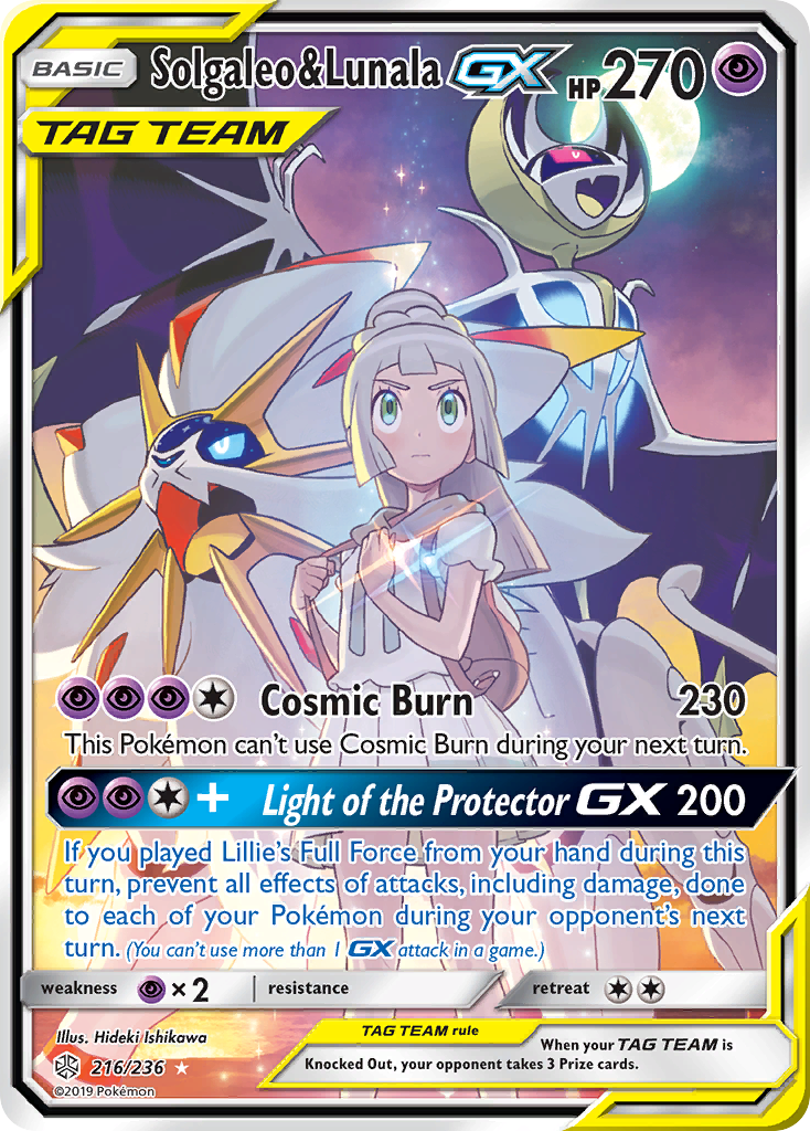 Solgaleo & Lunala-GX 216 Rare Ultra card from Cosmic Eclipse