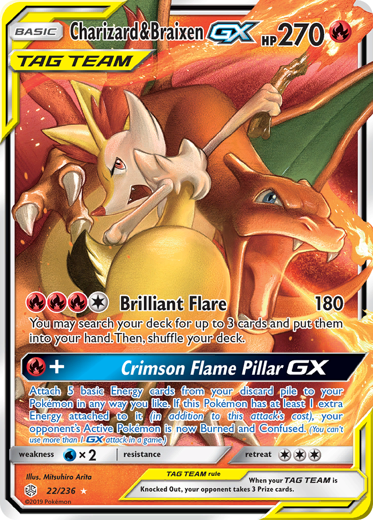 Charizard & Braixen-GX 22 Rare Holo GX card from Cosmic Eclipse