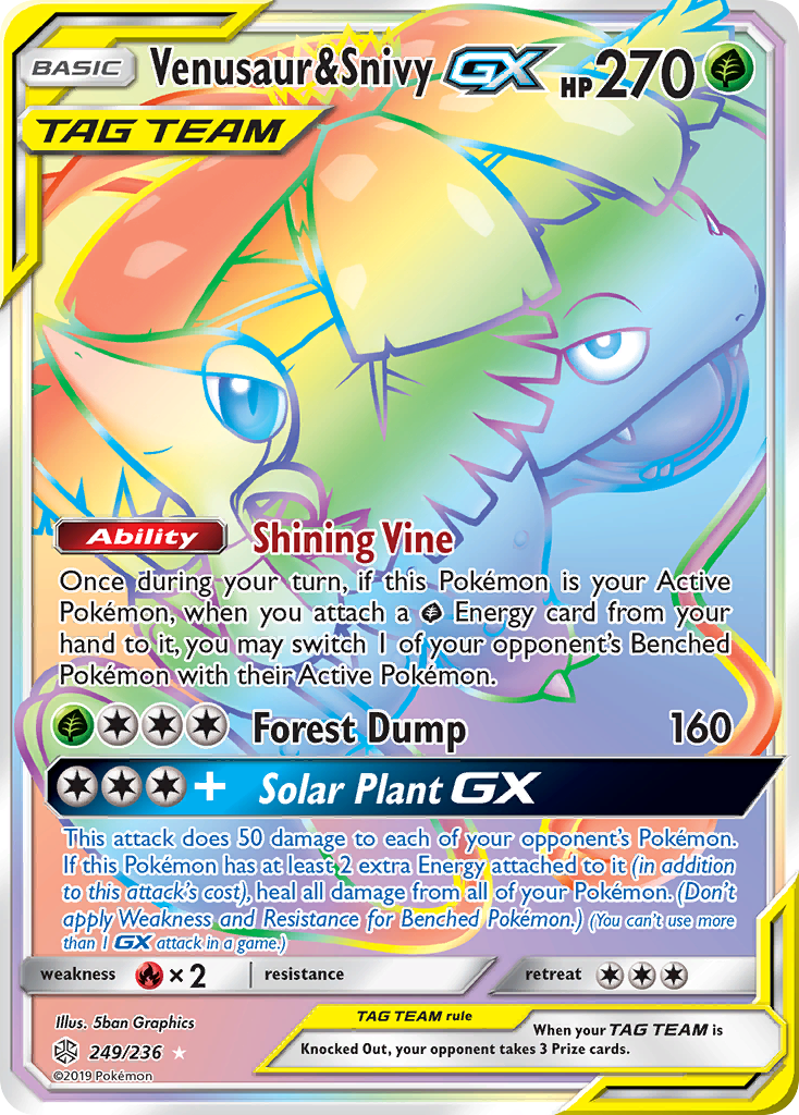 Venusaur & Snivy-GX 249/236 Rare Rainbow card from Cosmic Eclipse