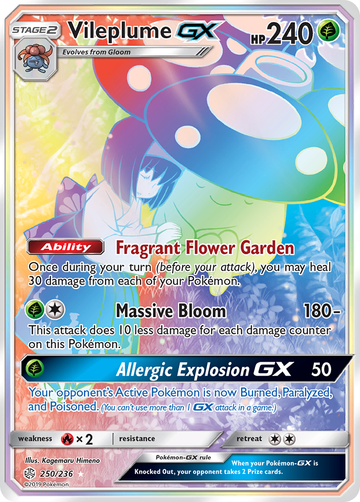 Vileplume-GX 250 Rare Rainbow card from Cosmic Eclipse
