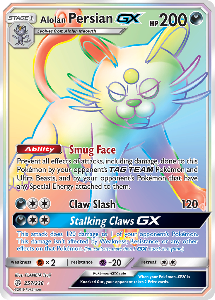 Alolan Persian-GX 257/236 Rare Rainbow card from Cosmic Eclipse