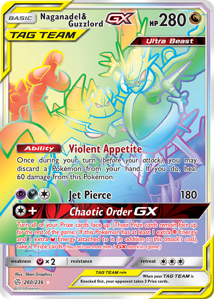 Naganadel & Guzzlord-GX 260 Rare Rainbow card from Cosmic Eclipse