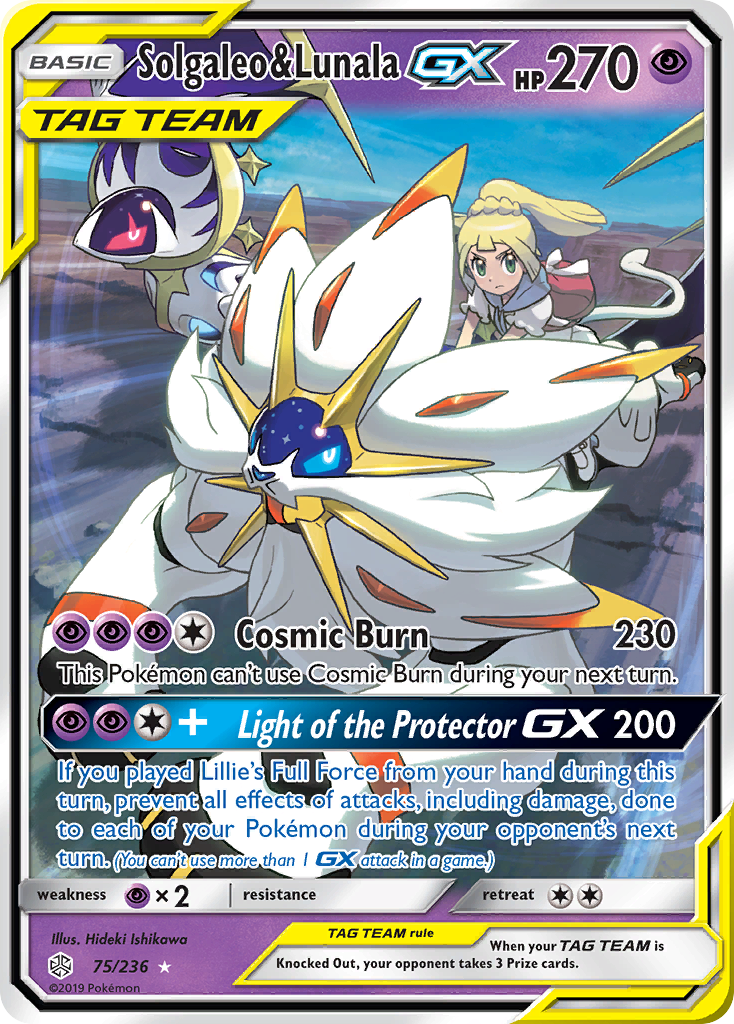 Solgaleo & Lunala-GX 75 Rare Holo GX card from Cosmic Eclipse