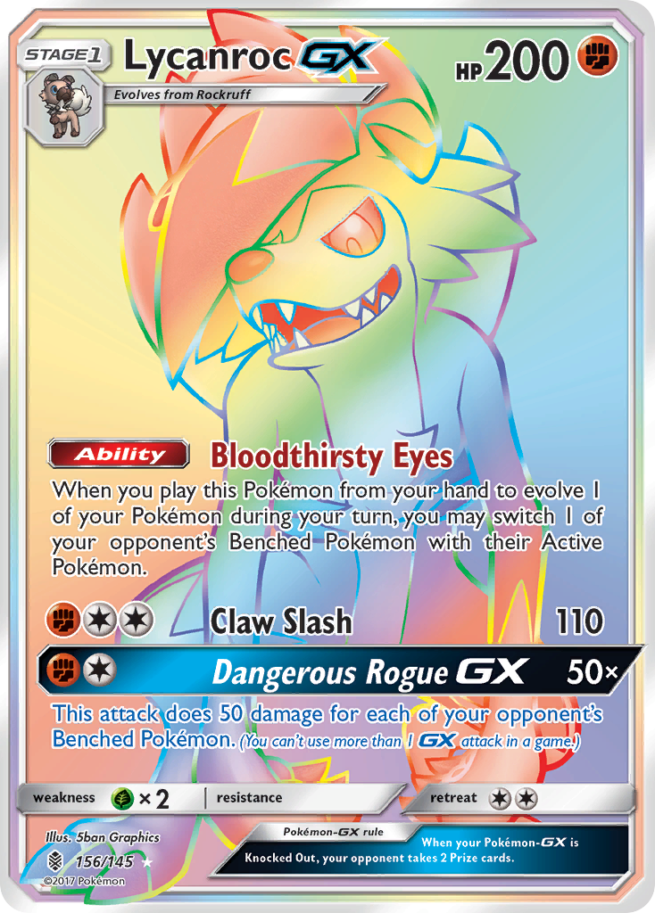 Lycanroc-GX 156 Rare Rainbow card from Guardians Rising