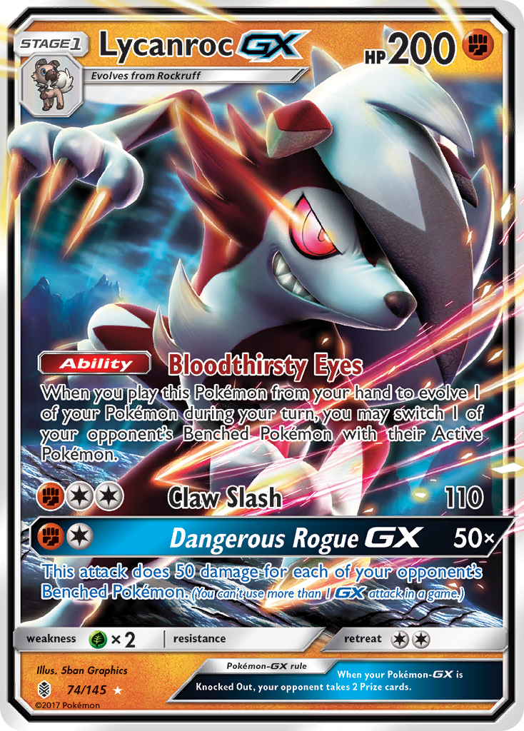 Lycanroc-GX 74/145 Rare Holo GX card from Guardians Rising