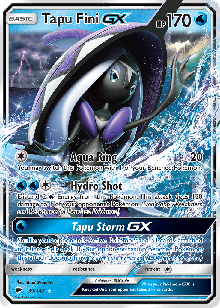 Tapu Fini-GX 39 Rare Holo GX card from Burning Shadows
