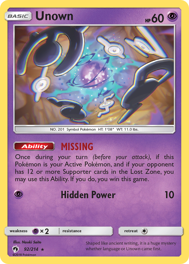 Unown 92 Rare card from Lost Thunder