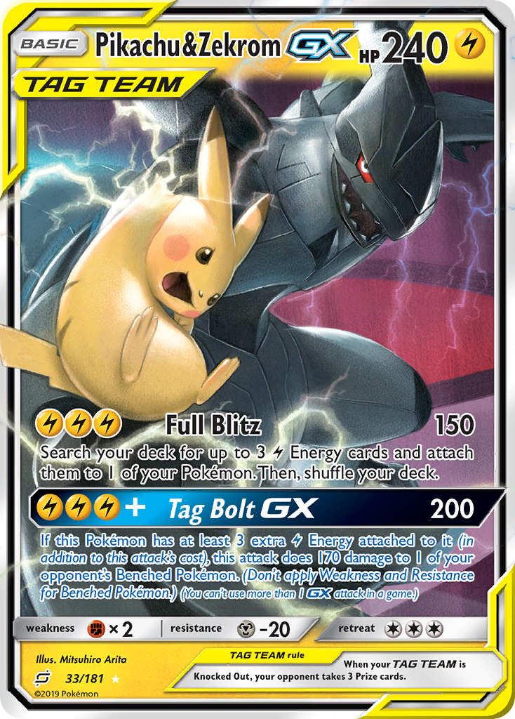 Pikachu & Zekrom-GX 33 Rare Holo GX card from Team Up