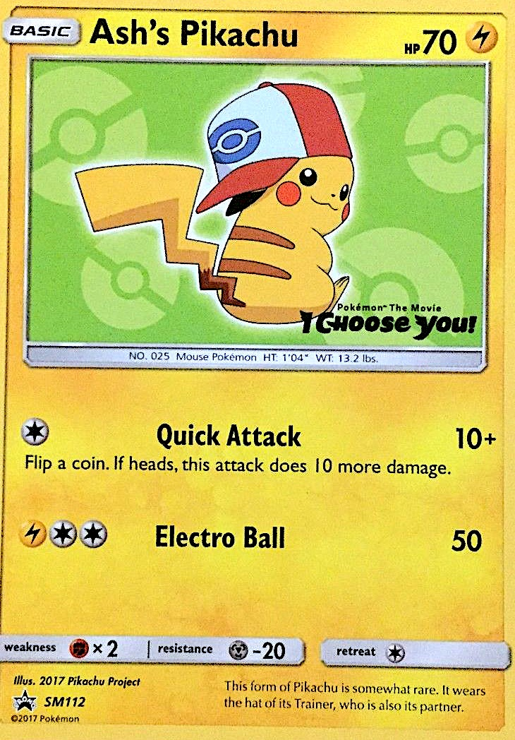 Ash's Pikachu SM112 Promo card from SM Black Star Promos