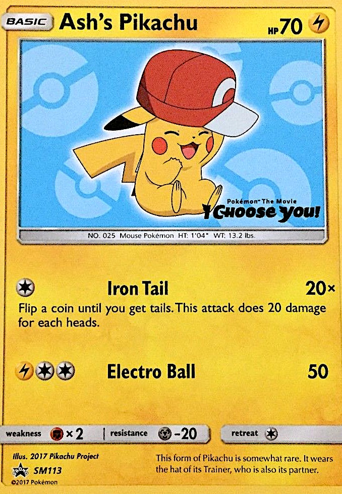 Ash's Pikachu SM113 Promo card from SM Black Star Promos