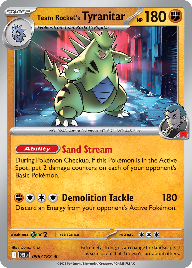 Team Rocket's Tyranitar 96 Rare card from Destined Rivals
