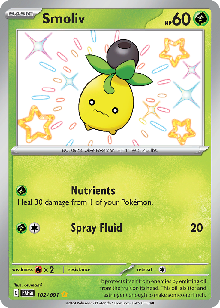 Smoliv 102 Shiny Rare card from Paldean Fates