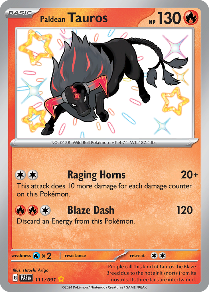 Paldean Tauros 111/91 Shiny Rare card from Paldean Fates