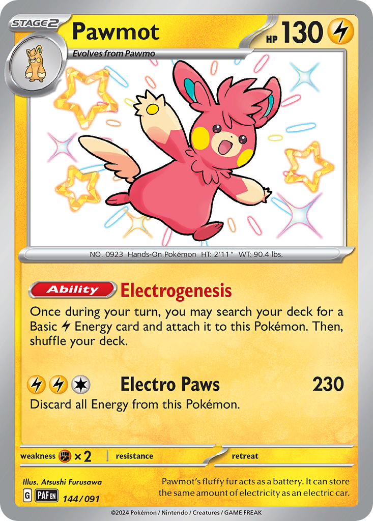 Pawmot 144/91 Shiny Rare card from Paldean Fates