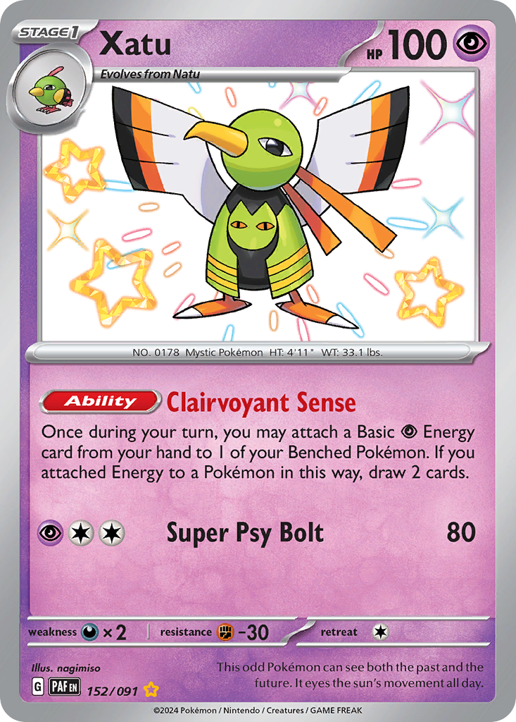 Xatu 152 Shiny Rare card from Paldean Fates