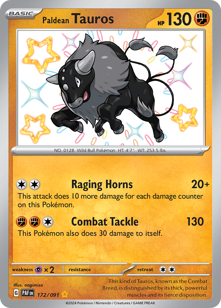 Paldean Tauros 172 Shiny Rare card from Paldean Fates