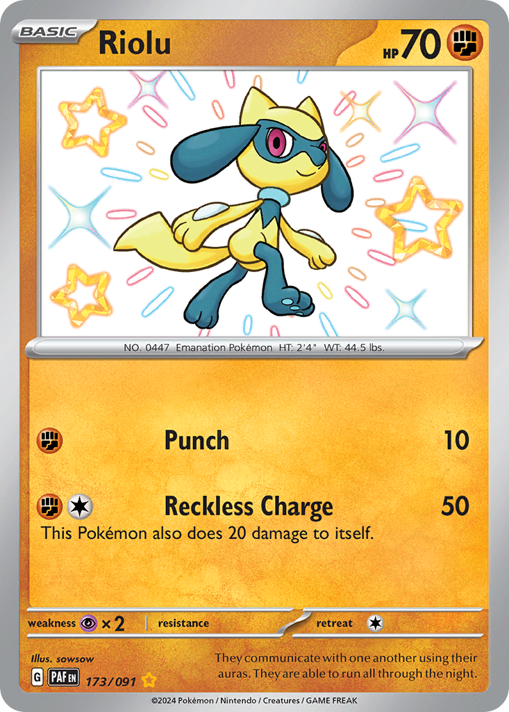 Riolu 173 Shiny Rare card from Paldean Fates