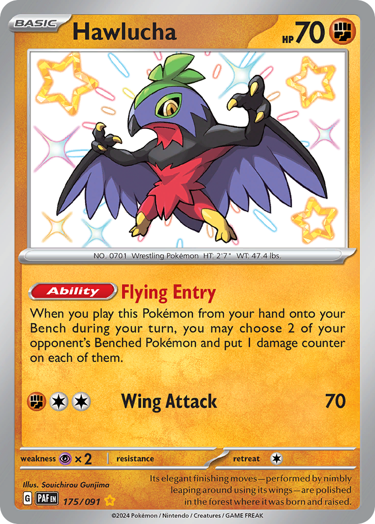 Hawlucha 175/91 Shiny Rare card from Paldean Fates