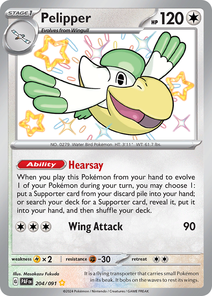 Pelipper 204 Shiny Rare card from Paldean Fates