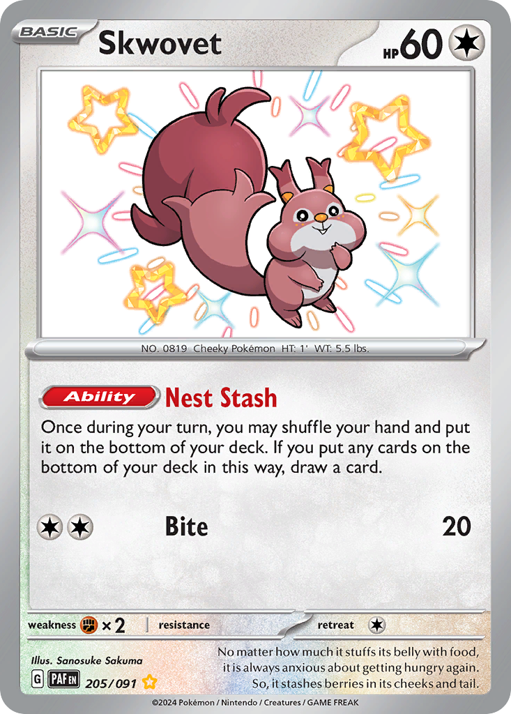 Skwovet 205 Shiny Rare card from Paldean Fates